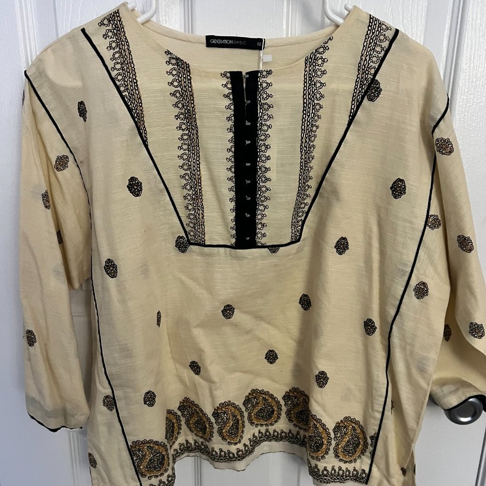Cream and Black Cotton Blouse